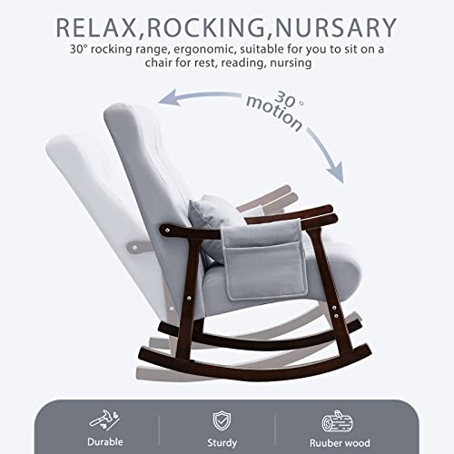 Prahalum Nursery Rocking Chairs Glider, Rocker Chair with High Back Tufted Design, Comfy Nursing Armchair for Mom, Side Pocket, Lumbar Pillow, Leathaire, Light Gray