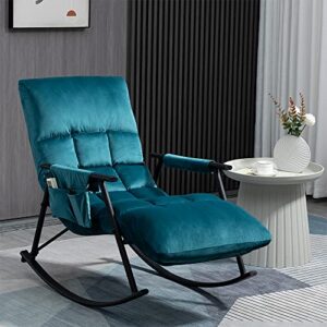 zjhome velvet accent folding rocking recliner chair nursery with side pocket adjustable high back & foot rest, comfortable upholstered nursing glider rocker armchair for living room, bedroom(teal)