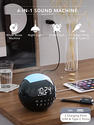 4-in-1 White Noise Sound Machine + Night Light for Kids Baby Adults, 42 Natural Soothing Sounds for Sleeping, Auto-Off Timer, Dual Alarm Clock for Bedroom Office Home, 16 Volume, 2 USB Charger Ports