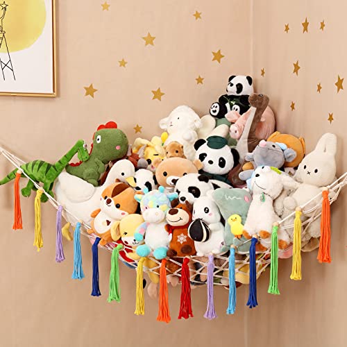 iKeelo 74x56x56 Macrame Toy Storage Hammock for Stuffed Animals, Fits 50-80 Plushies, Wall Hanging Toy Organizer for Kids Bedroom, Nursery and Playroom