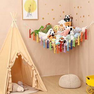 iKeelo 74x56x56 Macrame Toy Storage Hammock for Stuffed Animals, Fits 50-80 Plushies, Wall Hanging Toy Organizer for Kids Bedroom, Nursery and Playroom