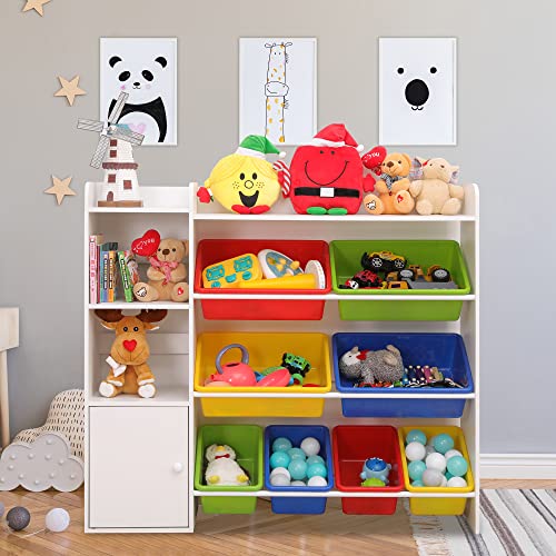 Betterhood Kids Toy Storage Organizer Bins with Shelf, 4-Tier Playroom Organization and Storage W/8 Removable Boxes, Kids Bookshelf and Toy Storage for Kids Room, Bedroom, Nursery, Classroom (White)