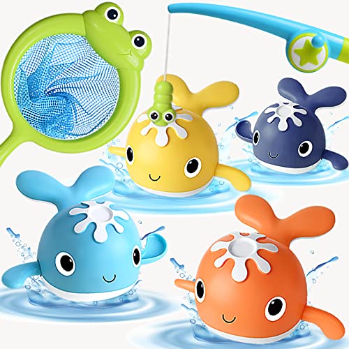 LOYUEGIYO Baby Bath Toys,Magnet Fishing Game Bath Baby Toy for 1-3 4-8 Year Old Toddler Boys Girls,Toys Gifts for Kid,Baby Bathtub Toys 18 Months+,4 Wind-up Whale Water Shower Toy&1 Fishing Pole&1 Net