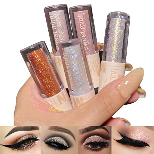 Aolailiya 5pcs Liquid Glitter Eyeshadow Set, Sparkling Metallic High Pigmented Glitter Eye Shadow Korean Makeup, Long Lasting, Quick Drying, Loose Glitter Glue for Eye Crystals Makeup