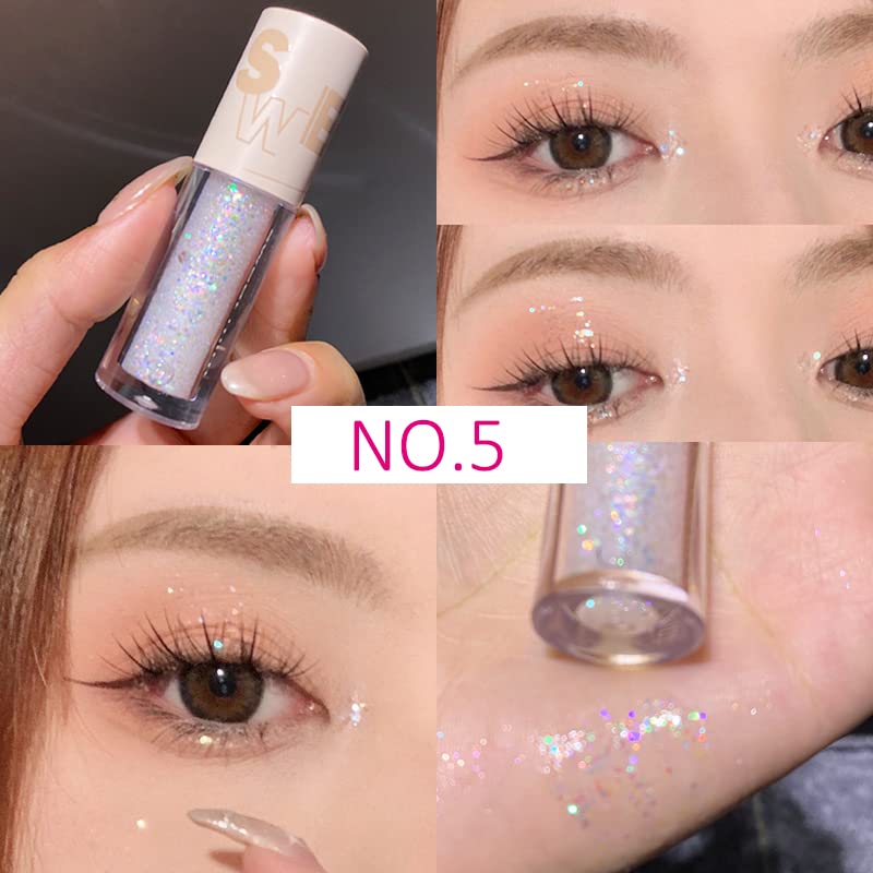 Aolailiya 5pcs Liquid Glitter Eyeshadow Set, Sparkling Metallic High Pigmented Glitter Eye Shadow Korean Makeup, Long Lasting, Quick Drying, Loose Glitter Glue for Eye Crystals Makeup