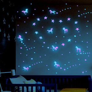 glow in the dark unicorn wall decor decals stickers unicorn wall stickers for baby girls bedroom blue luminous glow unicorn stars ceiling stickers for kids, birthday gift for baby boys kids