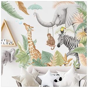 Africa Jungle Animal Wall Stickers,giraffe elephant Zebra Monkey plant Wall Decals, Peel and Stick Removable Wall decor, Diy Art Mural Decoration,Jungle Wallpaper for Kids Baby Nursery Kindergarten Living Room Toddler boys Girls Bedroom