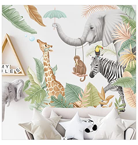 Africa Jungle Animal Wall Stickers,giraffe elephant Zebra Monkey plant Wall Decals, Peel and Stick Removable Wall decor, Diy Art Mural Decoration,Jungle Wallpaper for Kids Baby Nursery Kindergarten Living Room Toddler boys Girls Bedroom