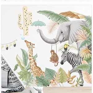 Africa Jungle Animal Wall Stickers,giraffe elephant Zebra Monkey plant Wall Decals, Peel and Stick Removable Wall decor, Diy Art Mural Decoration,Jungle Wallpaper for Kids Baby Nursery Kindergarten Living Room Toddler boys Girls Bedroom