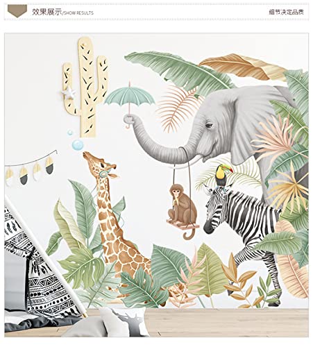 Africa Jungle Animal Wall Stickers,giraffe elephant Zebra Monkey plant Wall Decals, Peel and Stick Removable Wall decor, Diy Art Mural Decoration,Jungle Wallpaper for Kids Baby Nursery Kindergarten Living Room Toddler boys Girls Bedroom