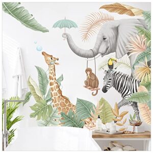 Africa Jungle Animal Wall Stickers,giraffe elephant Zebra Monkey plant Wall Decals, Peel and Stick Removable Wall decor, Diy Art Mural Decoration,Jungle Wallpaper for Kids Baby Nursery Kindergarten Living Room Toddler boys Girls Bedroom