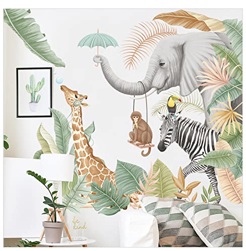 Africa Jungle Animal Wall Stickers,giraffe elephant Zebra Monkey plant Wall Decals, Peel and Stick Removable Wall decor, Diy Art Mural Decoration,Jungle Wallpaper for Kids Baby Nursery Kindergarten Living Room Toddler boys Girls Bedroom