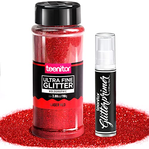 Glitter,Teenitor Holographic Glitter with Glitter Primer, Fine Glitter, Glitter for Crafts Nail Eye Hair Body Face Cosmetic, Laser Red