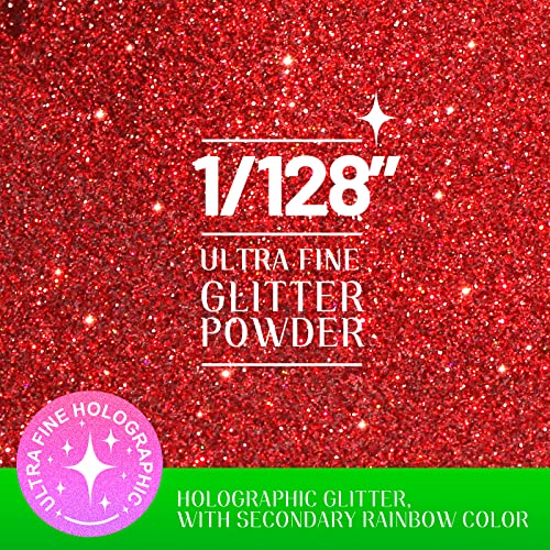 Glitter,Teenitor Holographic Glitter with Glitter Primer, Fine Glitter, Glitter for Crafts Nail Eye Hair Body Face Cosmetic, Laser Red