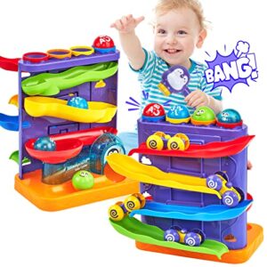 Toddler Toys for 1 Year Old Boy Gifts 2 in 1 Pound Balls Toy & Car Ramp Race Track Learning Active Early Developmental Montessori Toys for 1 Year Old Birthday Gifts for 1 2 3 Year Old Boy Girl