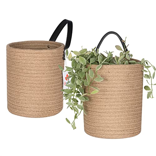 Wall Hanging Storage Baskets Jute Set of 2 Small Woven Rope Closet Organizer 6.7"x7.9" Décor with Black Leather Handle Nursery Storage Bins for Flower Plants/Garage/Shelf/Outdoor/Bathroom