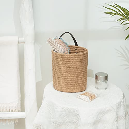 Wall Hanging Storage Baskets Jute Set of 2 Small Woven Rope Closet Organizer 6.7"x7.9" Décor with Black Leather Handle Nursery Storage Bins for Flower Plants/Garage/Shelf/Outdoor/Bathroom