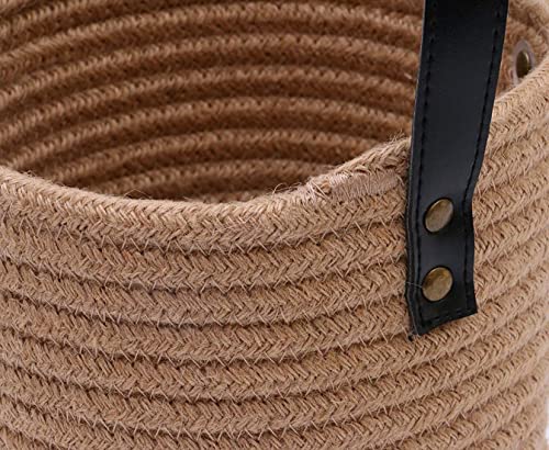 Wall Hanging Storage Baskets Jute Set of 2 Small Woven Rope Closet Organizer 6.7"x7.9" Décor with Black Leather Handle Nursery Storage Bins for Flower Plants/Garage/Shelf/Outdoor/Bathroom