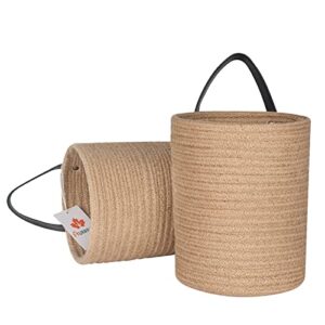 Wall Hanging Storage Baskets Jute Set of 2 Small Woven Rope Closet Organizer 6.7"x7.9" Décor with Black Leather Handle Nursery Storage Bins for Flower Plants/Garage/Shelf/Outdoor/Bathroom