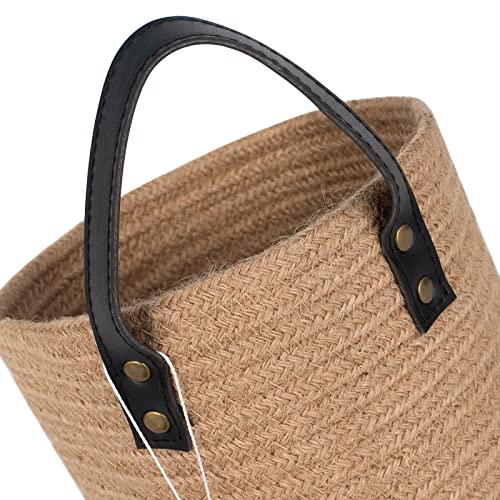 Wall Hanging Storage Baskets Jute Set of 2 Small Woven Rope Closet Organizer 6.7"x7.9" Décor with Black Leather Handle Nursery Storage Bins for Flower Plants/Garage/Shelf/Outdoor/Bathroom