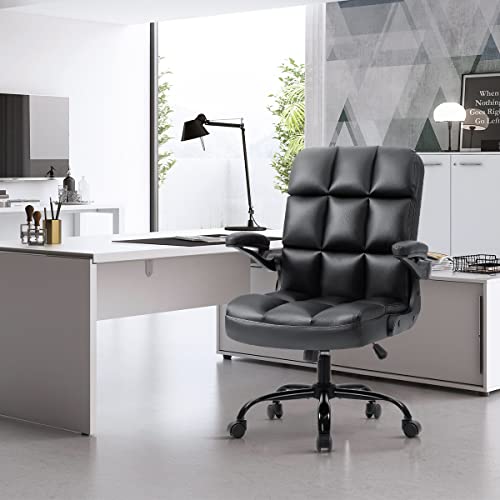 SEATZONE Executive Office Chair Black Leather Computer Desk Chair with Flip Armrest Desk Chairs with Wheels Swivel Chair Adjustable Backward Tilt Office Chairs