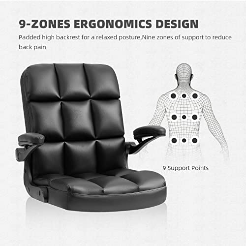 SEATZONE Executive Office Chair Black Leather Computer Desk Chair with Flip Armrest Desk Chairs with Wheels Swivel Chair Adjustable Backward Tilt Office Chairs