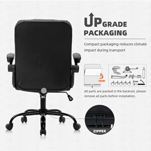 SEATZONE Executive Office Chair Black Leather Computer Desk Chair with Flip Armrest Desk Chairs with Wheels Swivel Chair Adjustable Backward Tilt Office Chairs