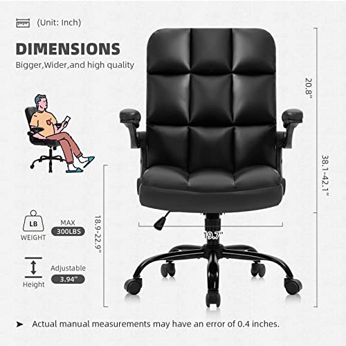 SEATZONE Executive Office Chair Black Leather Computer Desk Chair with Flip Armrest Desk Chairs with Wheels Swivel Chair Adjustable Backward Tilt Office Chairs