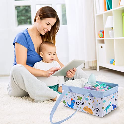 WERNNSAI Dinosaur Diaper Caddy - Collapsible Nursery Organizer for Boy Infant Baby Shower Gifts Large Blue Storage Basket for Changing Table Car Travel Living Room Newborn Essentials Must Have Dots