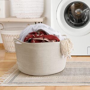 Maliton Extra Large Blanket Basket, Woven Cotton Rope Basket for Toys Towels, Pillow Basket with Handles, Nursery Laundry Basket with Storage Pockets, 20" x 13" Large Rope Baskets for Storage - White