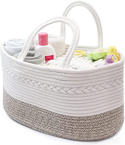 KEN Baby Diaper Caddy Organizer for Boy & Girl – Cotton Rope Diaper Organizer for Changing Table Perfect Basket for All Essentials – Brown White