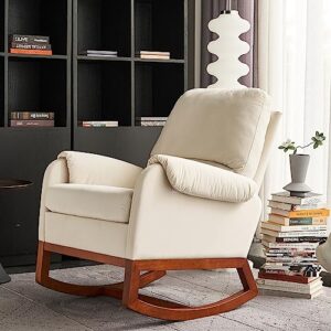 calabash rocking chair nursery,modern comfy armchair with side pocket,mid-century upholstered glider rocker chairs for baby/kids room and living room (white beige)