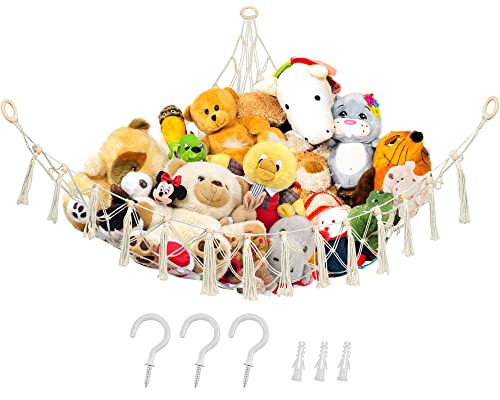 LotFancy Stuffed Animal Net or Hammock, 60"x48"x48", Large Macrame Toy Hammock, Hanging Plushie Net, Stuff Animal Storage Ideas, Corner Net Toy Holder for Kids Room Nursery Bedroom, Beige