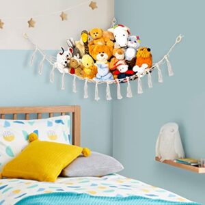 LotFancy Stuffed Animal Net or Hammock, 60"x48"x48", Large Macrame Toy Hammock, Hanging Plushie Net, Stuff Animal Storage Ideas, Corner Net Toy Holder for Kids Room Nursery Bedroom, Beige