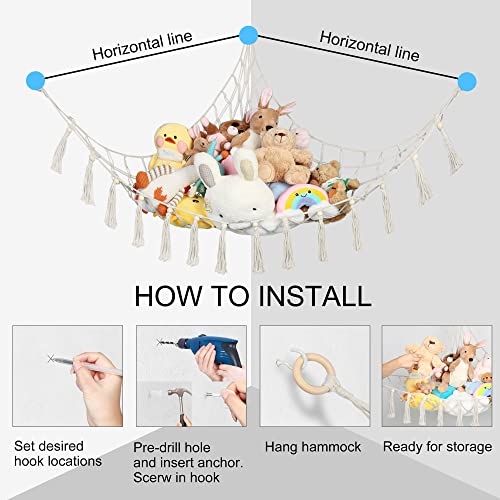 LotFancy Stuffed Animal Net or Hammock, 60"x48"x48", Large Macrame Toy Hammock, Hanging Plushie Net, Stuff Animal Storage Ideas, Corner Net Toy Holder for Kids Room Nursery Bedroom, Beige