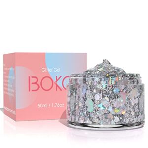 boko 1.76oz body glitter gel, holographic silver liquid chunky glitter lotion unicorn star sequins for face hair and body makeup, festival clothing, rave accessories and costume - unicorn carnival