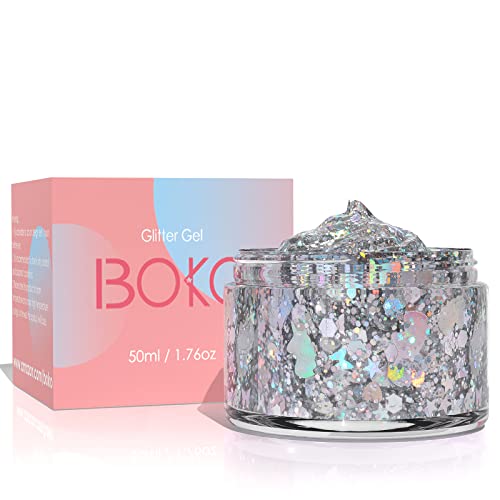 Boko 1.76oz Body Glitter Gel, Holographic Silver Liquid Chunky Glitter Lotion Unicorn Star Sequins for Face Hair and Body Makeup, Festival Clothing, Rave Accessories and Costume - Unicorn Carnival