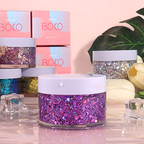 Boko 1.76oz Body Glitter Gel, Holographic Silver Liquid Chunky Glitter Lotion Unicorn Star Sequins for Face Hair and Body Makeup, Festival Clothing, Rave Accessories and Costume - Unicorn Carnival