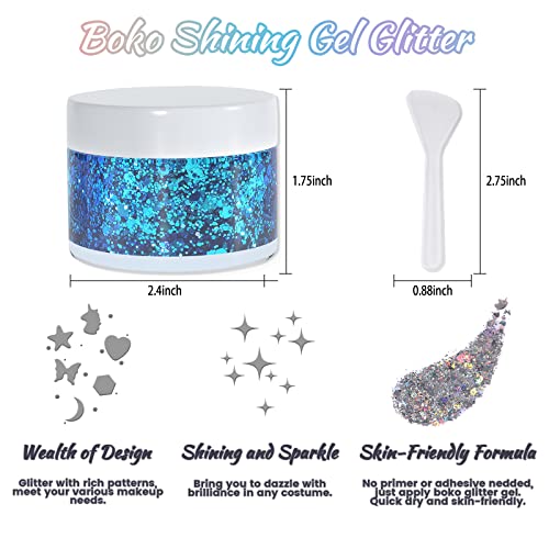 Boko 1.76oz Body Glitter Gel, Holographic Silver Liquid Chunky Glitter Lotion Unicorn Star Sequins for Face Hair and Body Makeup, Festival Clothing, Rave Accessories and Costume - Unicorn Carnival