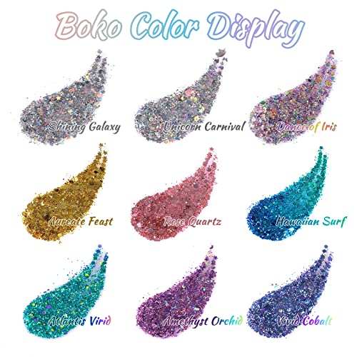 Boko 1.76oz Body Glitter Gel, Holographic Silver Liquid Chunky Glitter Lotion Unicorn Star Sequins for Face Hair and Body Makeup, Festival Clothing, Rave Accessories and Costume - Unicorn Carnival