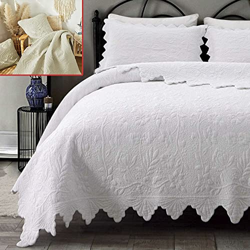 Brandream Quilt Bedding Set White Quilts Set Queen King Size Scalloped Coverlet Set Farmhouse Comforter Bedding Set