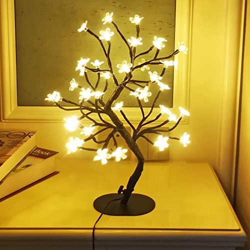 pete mici Cherry Blossom Tree Lights 17 inch 40LED Tabletop Bonsai Tree Lights USB Powered Cherry Blossom Flower Lamp Fairy Light Tree for Bedroom Home Decoration (Warm White)