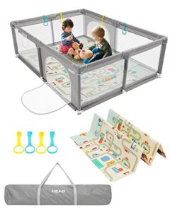 heao baby playpen | baby playard with mat for babies and toddlers, kids play pen with bag, 71x47" baby play yards, safety baby fence with breathable mesh, light grey