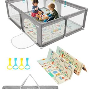 HEAO Baby Playpen | Baby Playard with Mat for Babies and Toddlers, Kids Play Pen with Bag, 71x47" Baby Play Yards, Safety Baby Fence with Breathable Mesh, Light Grey