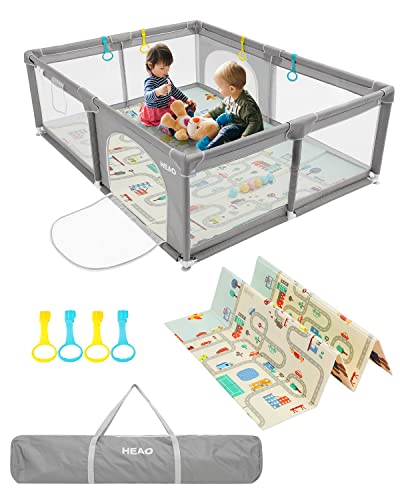 HEAO Baby Playpen | Baby Playard with Mat for Babies and Toddlers, Kids Play Pen with Bag, 71x47" Baby Play Yards, Safety Baby Fence with Breathable Mesh, Light Grey