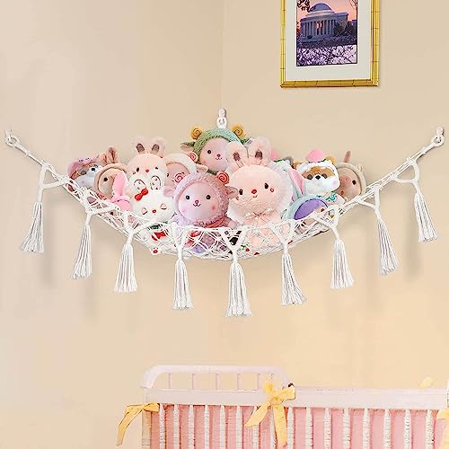 Tueou Stuffed Animal Net Hammock - Large Macrame Toy Hammock Holder, Hanging Corner Stuffed Animal Storage Organizer with Tassels for Kids Room, Nursery, Bedroom