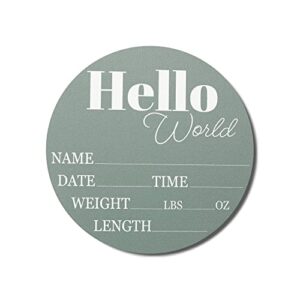 hickory hollow designs - baby announcement sign for newborn boys and girls (color bases) - hello world nursery decor sign & photo prop for babies made of birch wood - 6" circle board (sage)