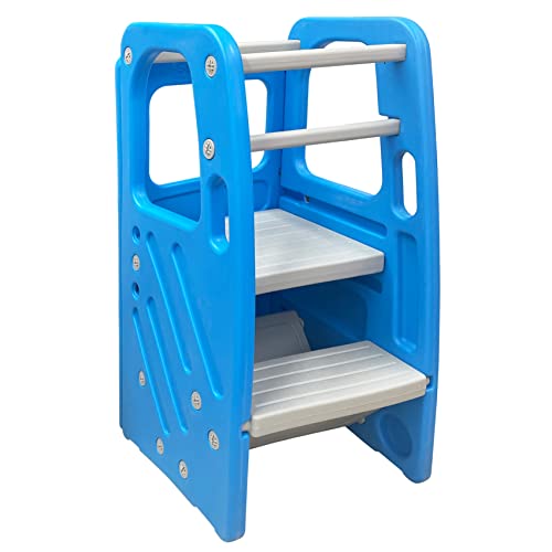 SDADI Toddler Tower Childrens Step Stool, Plastic Kitchen Helper Stool with Three Adjustable Heights for Kids and Toddlers (Light Blue/Light Gray)