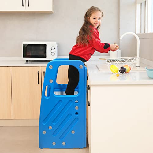 SDADI Toddler Tower Childrens Step Stool, Plastic Kitchen Helper Stool with Three Adjustable Heights for Kids and Toddlers (Light Blue/Light Gray)