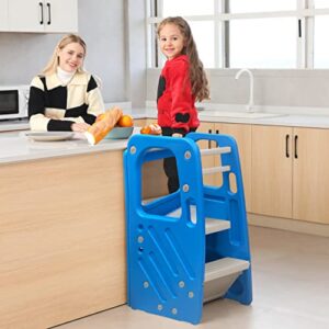 SDADI Toddler Tower Childrens Step Stool, Plastic Kitchen Helper Stool with Three Adjustable Heights for Kids and Toddlers (Light Blue/Light Gray)